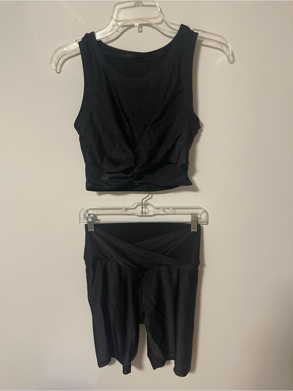 aerie Black Ribbed Twist-Front Crop Top and Matching Biker Shorts
